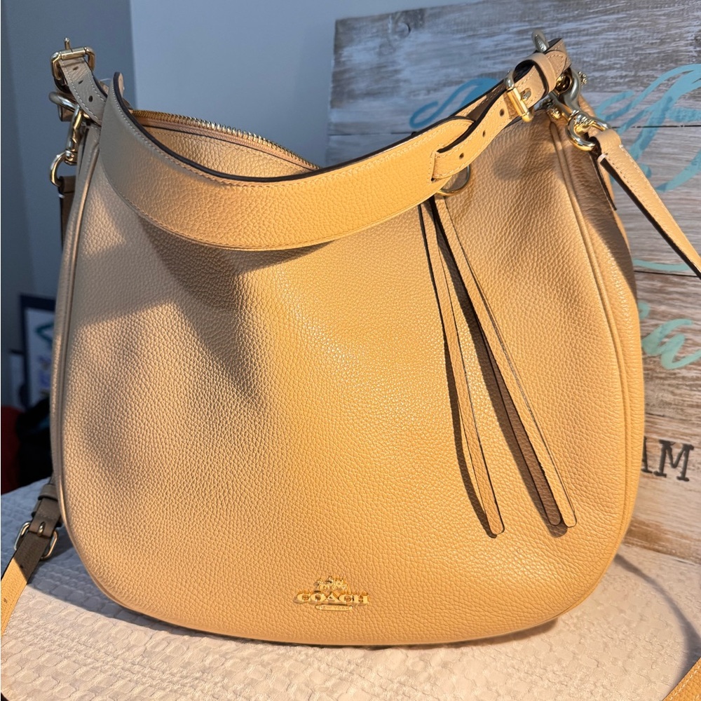 Coach Tan Leather Hobo Bag with Gold Accents